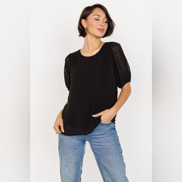 Baltic Born Tops - NWT Baltic Born Tawnie Swiss Dot Black Short Puff Sleeve Top Size Large